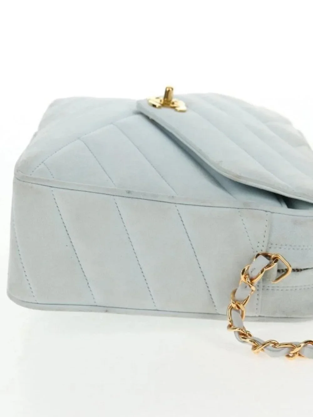 CHANEL Bias Stitch Chain Shoulder Bag Suede Light Blue Gold CC Auth 139935V